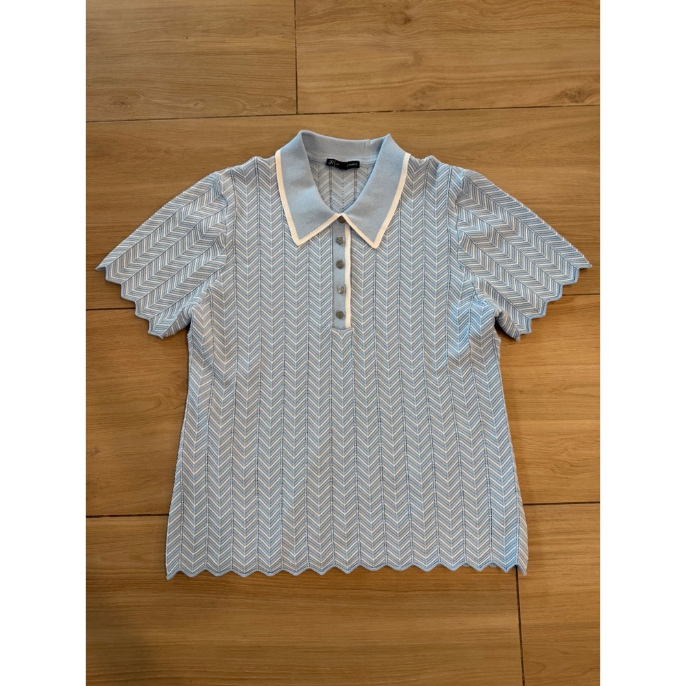 Adrianna Papell Blue White Chevron Pointelle Knit Polo Shirt Scalloped Hem XL